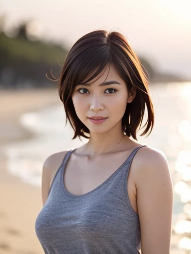 Japanese female 1 person, Middle-aged women: 0.1, Realistic, Exquisite face, alone, Large Breasts, Tight grey tank top. Beach, (White skin: 1.8, ), The look of temptation, Warm lighting: Sunny day, (RAW Photos:1.2), (Realistic), Full body shot,