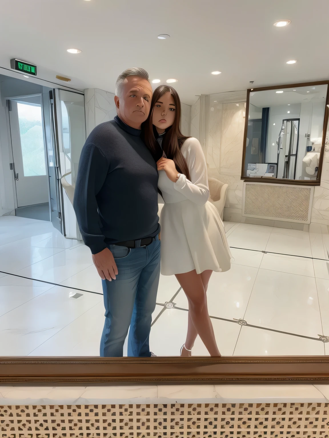 man in black turtleneck, blue jeans standing with a girl in a white dress, High quality, photoshoot