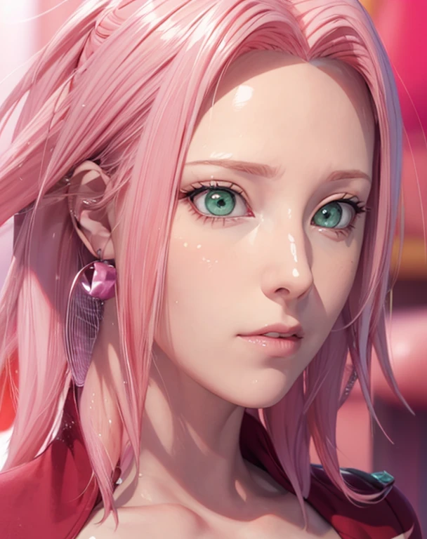 young woman, pale skin, short bubblegum pink hair, wide forehead, emerald green eyes, buttoned nose, peach lips, heart-shaped face, slender, red clothes, Sakura Haruno, 3d, realism, angelic face, maya in net
