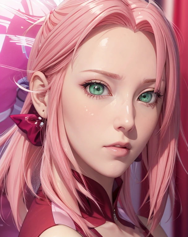 young woman, pale skin, short bubblegum pink hair, wide forehead, emerald green eyes, buttoned nose, peach lips, heart-shaped face, slender, red clothes, Sakura Haruno, 3d, realism, angelic face, maya in net