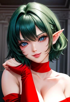 (masterpiece,highest quality,Very delicate,8k,perfect face),Medium short green hair:1.2, Red off-the-shoulder bodycon tube dress ,Red long arm covers,Elf Girl,(Big Breasts),blue eyes,beautiful smile