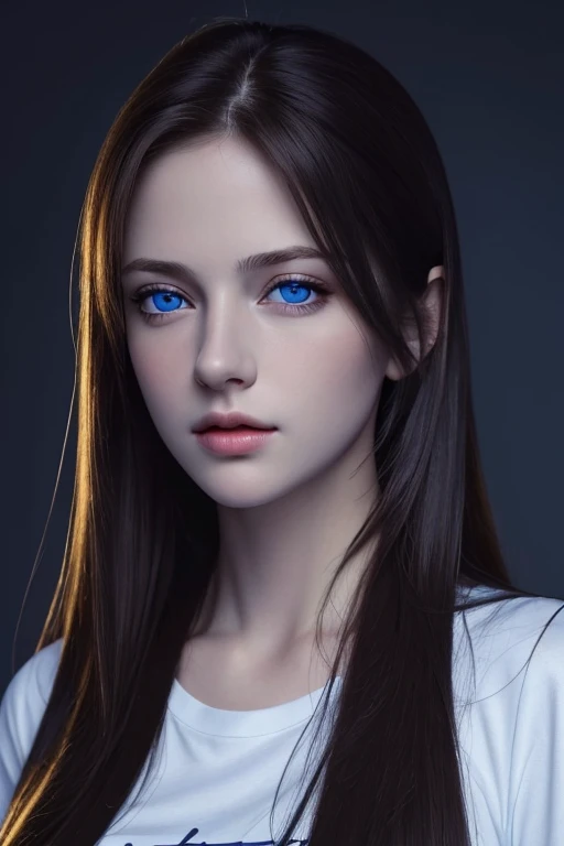 bestquality, masterpiece, ultra-high resolution, (photorealistic portrait:1.37), RAW photo, 1girls, long straight hair, beautidul blue eyes, Exquisite Face, Detailed eyes and face, t-shirt, big breasts: 1.5, G cup, Dynamic lighting, In the dark, Deep Shadows, Low key,