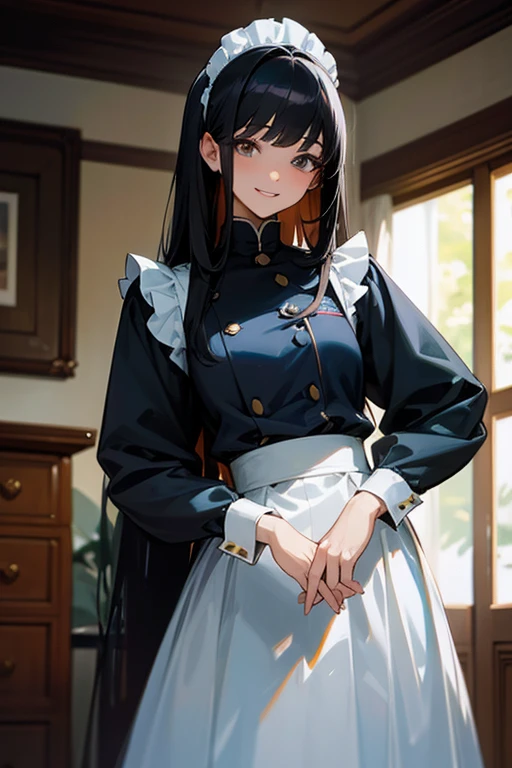 (Highest Resolution, clear_image) highest quality, One woman, alone, masterpiece, Very detailed, Semi-realistic, Black Hairのショートヘア, Black Hair, bangs, 18-year-old, mature, light blue uniform, uniform, Indoor Background, kind, Authoritative, Powerful, exquisite features, exquisite features、Eyelashes become longer、Showing teeth、smile😀、Maid clothes、woman&#39;Fingers in the、Sleeping on the sofa、Long Hair、Fluttering in the wind、Navy blue clothes、Long Hair、I&#39;ll carry the plate、
