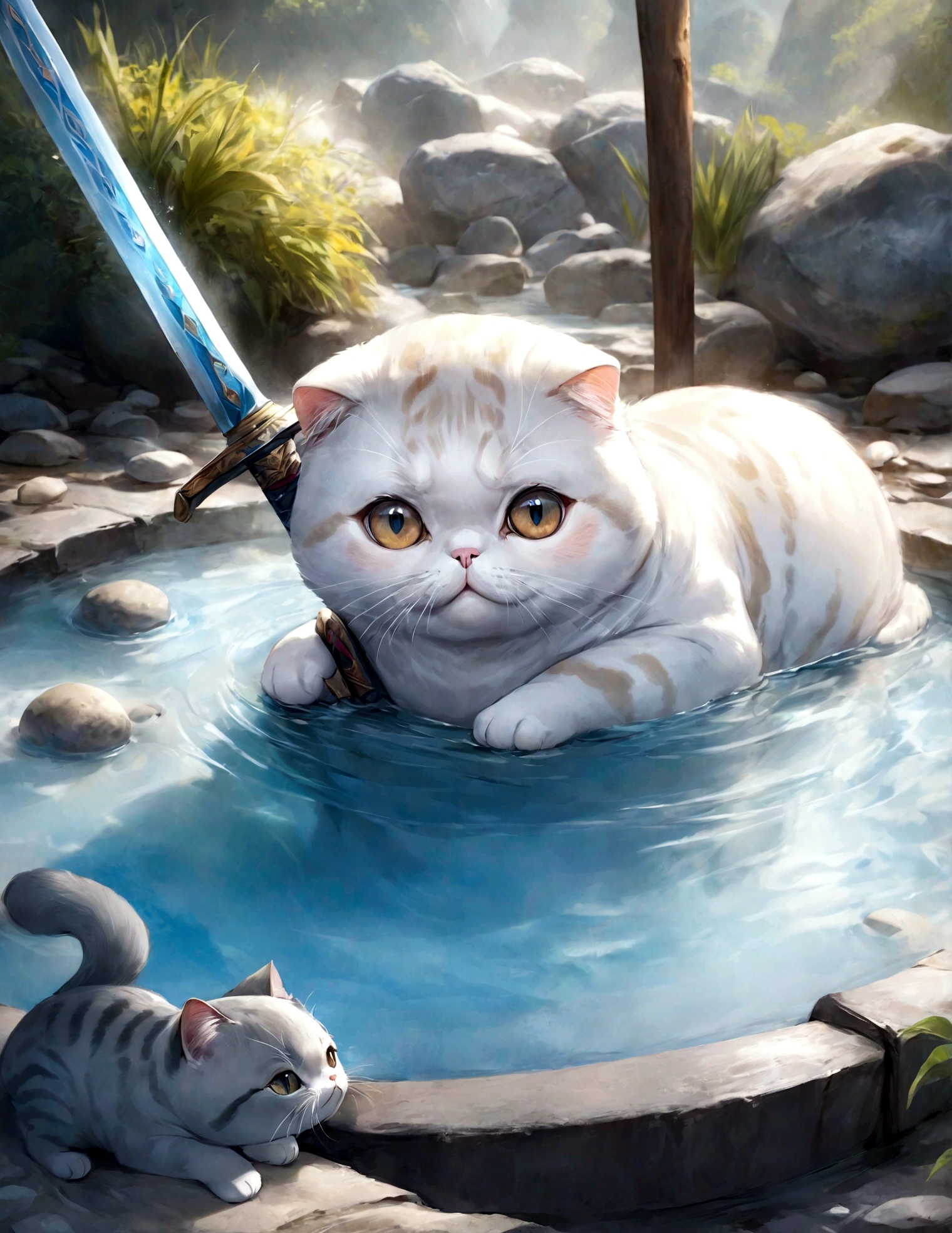cute adorable Scottish fold lightblue fat cat with sword, at hot spring, write word "UNC" on forehead, adorable digital painting, realistic fantasy art, beautiful digital art