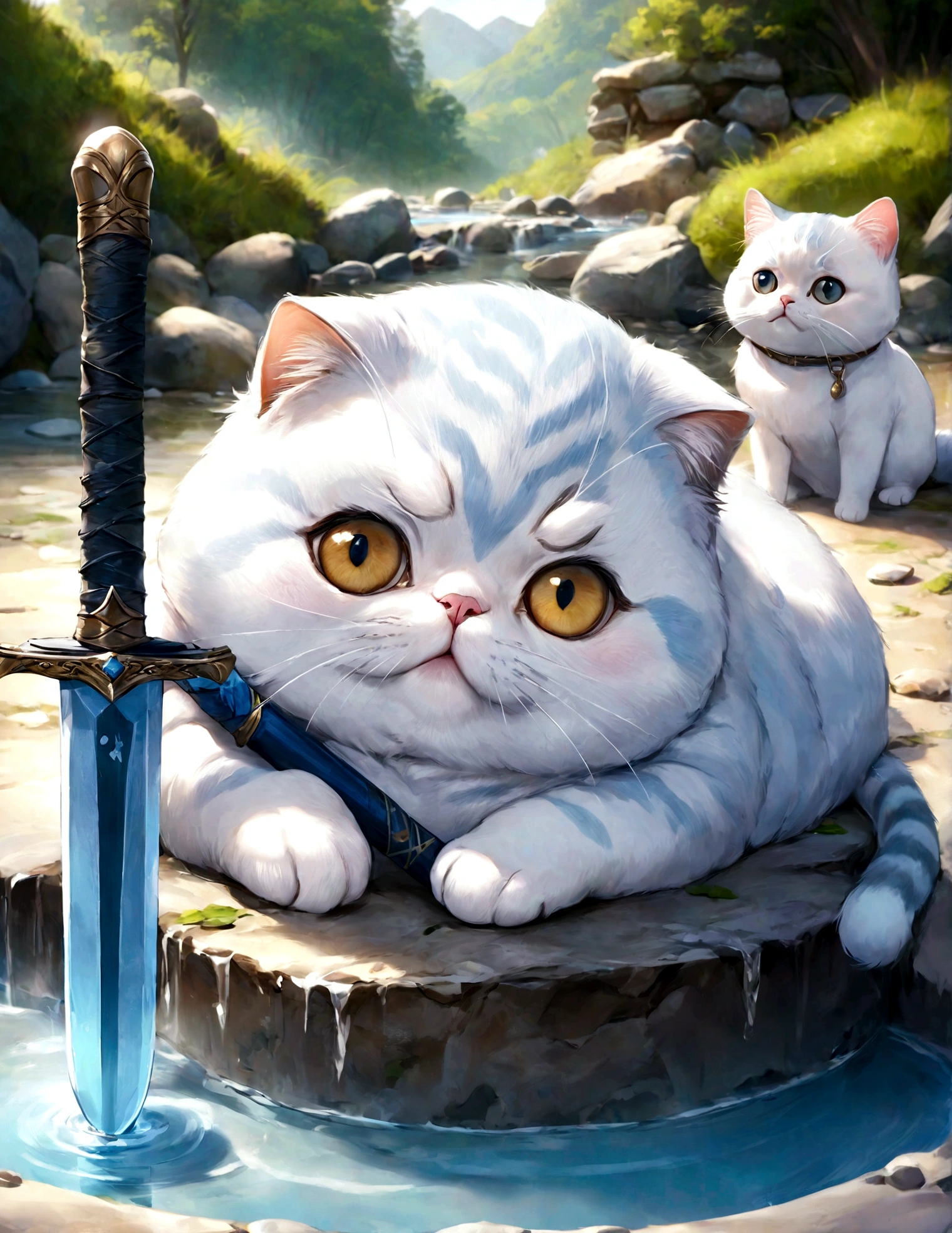 cute adorable Scottish fold lightblue fat cat with sword, at hot spring, write word "UNC" on forehead, adorable digital painting, realistic fantasy art, beautiful digital art