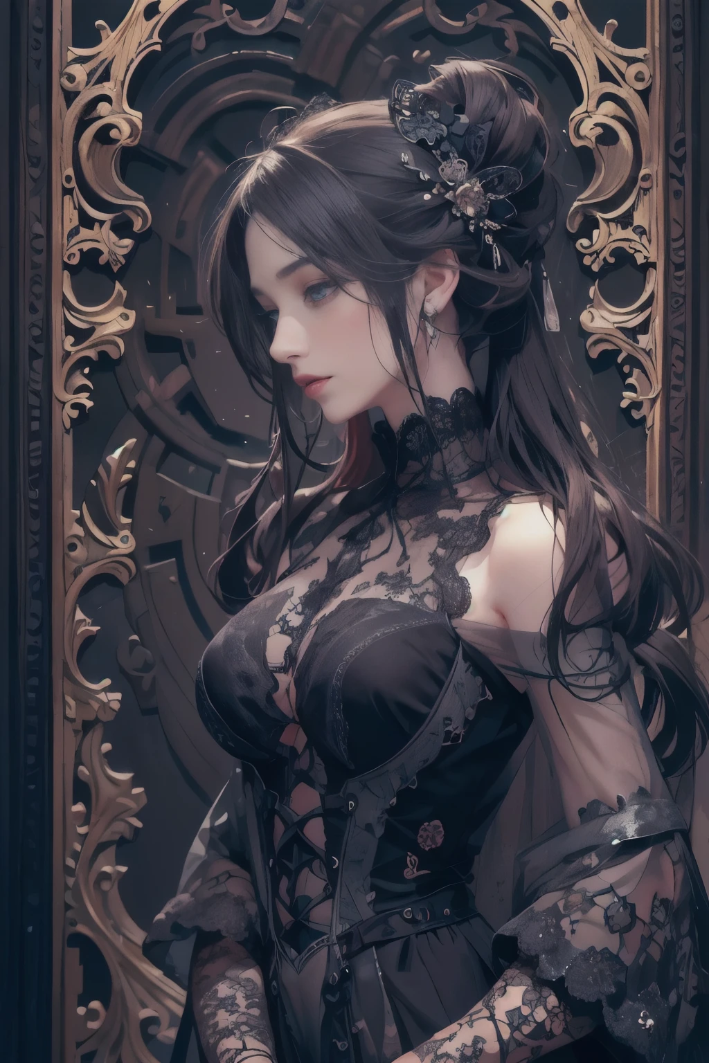 Official Art, Unity 8k wallpaper, super detailed, beautiful, beautiful, masterpiece, best quality,
darkness, atmosphere, mystery, romanticism, creepy, literature, art, fashion, victorian, decoration, intricacies, ironwork, lace, contemplation, emotional depth, supernatural,
1 girl, solo, neck, bust composition