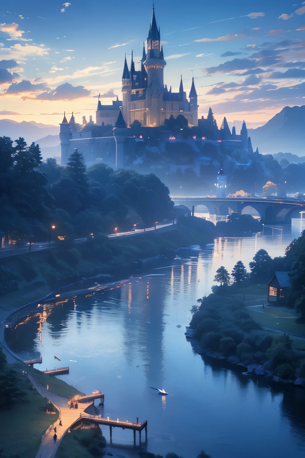 (magical pretty null blue stream overlay scene), (null), (cloud), Soft lighting, Clean background, beautiful null scenery, masterpiece, high quality, Beautiful graphics, High detail,By Thomas Kinkade, Art Station, Sharp focus, Inspiring 8k wallpapers, floating castle above the lake