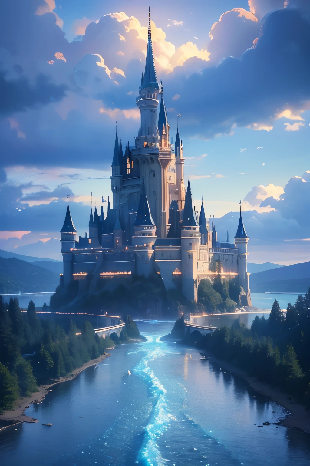 (magical pretty null blue stream overlay scene), (null), (cloud), Soft lighting, Clean background, beautiful null scenery, masterpiece, high quality, Beautiful graphics, High detail,By Thomas Kinkade, Art Station, Sharp focus, Inspiring 8k wallpapers, floating castle above the lake