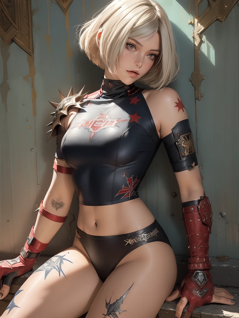 (((woman))), (((best quality))), (((masterpiece))), (((adult))), (((1girl))), (((bob haircut) )), A 25 year old female cyberpunk gladiator with perfect body, shoulder pads with metal spines, Brooklyn Gladiators, ((bob haircut)), tiny leather panties, torn rugby team t-shirt, almost naked in wild urban style by Simon Bisley for the cover of Heavy Metal magazine, Short blonde hair, Minimum clothing, Metal protection on the left arm with intricate graphics, Dark red with white stars and striped zigzag pattern, navy blue and white, armor, full of thorns, ( ((from the knee up))), short white blonde hair, in the background a wall painted by Shepard Fairey with an intricate design