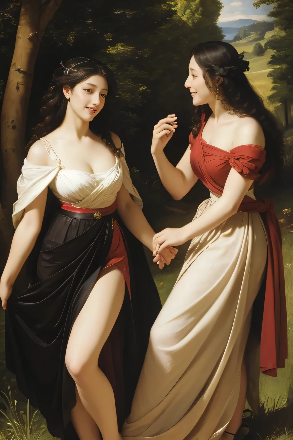Giorgione painting style,Barbizon forest A beautiful woman in Greek dress smiles on the shore,Sweet and seductive appearance.、Caravaggio's paintings、Chiaroscuro of Caravaggio、hair tousled by the wind,Two women frolicking,cute smile, expression of ecstasy,Sexy,erotic, full body portrait