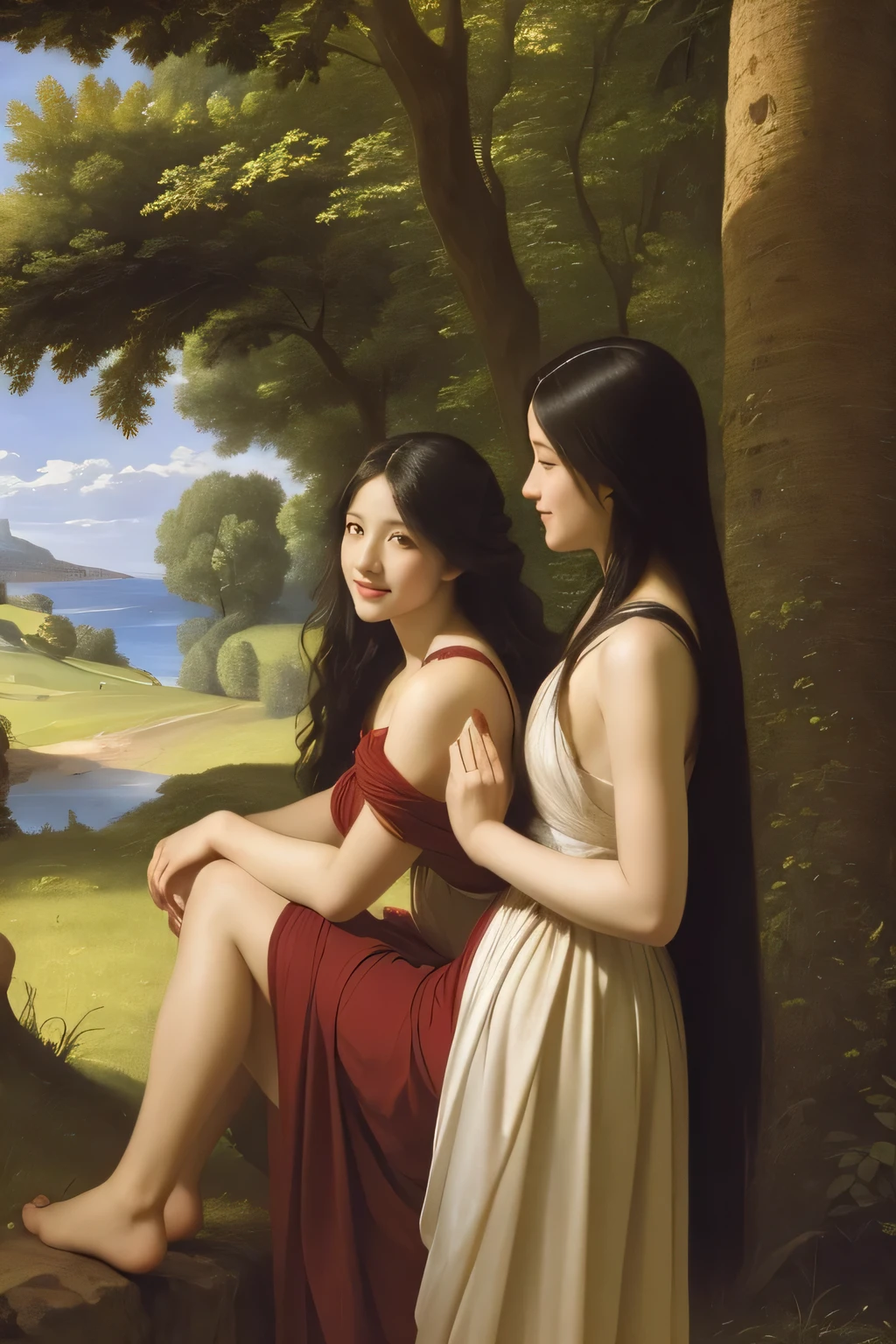 Giorgione painting style,Barbizon forest A beautiful woman in Greek dress smiles on the shore,Sweet and seductive appearance.、Caravaggio's paintings、Chiaroscuro of Caravaggio、hair tousled by the wind,Two women frolicking,cute smile, expression of ecstasy,Sexy,erotic, full body portrait