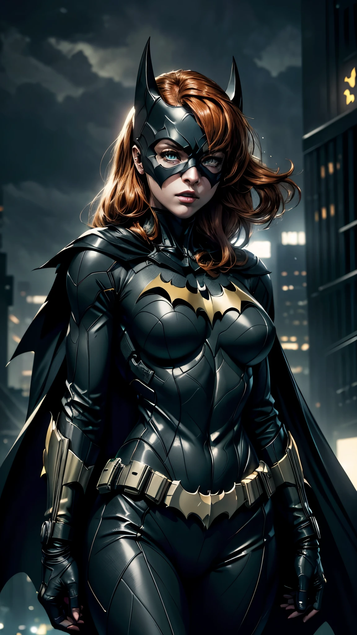 ((Batgirl in a high-tech vigilante suit with Batman symbol on chest, orange hair and light eyes, in a dark night of Gotham city, cape flowing in the wind)),(best quality,4k,8k,highres,masterpiece:1.2),ultra-detailed,(realistic,photorealistic,photo-realistic:1.37),detailed facial features,extremely detailed eyes and face,longeyelashes,intricate costume details,dramatic lighting,moody atmosphere,cinematic composition,((leds Yellow)), usando capuz do Batman 