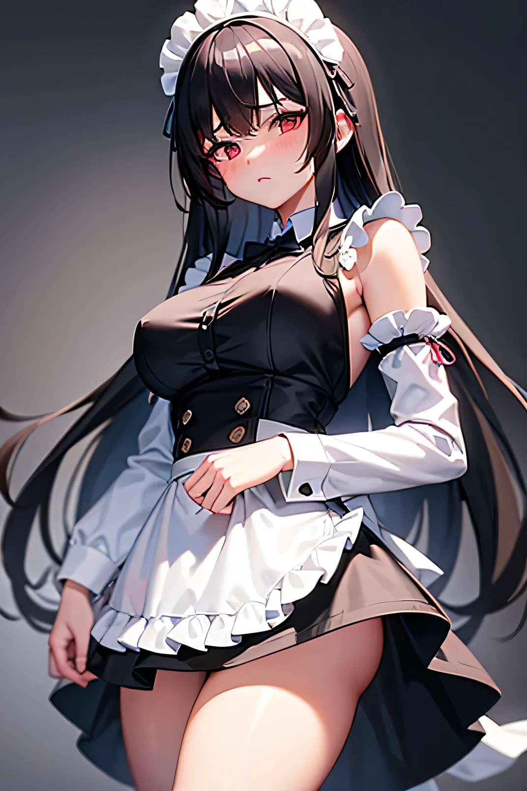 A girl is looking at this, Girl in maid outfit, Long Hair, Black Hair, Small face,  Red Eyes, clear, A little blush on the cheeks, Alone with you, my master, in an empty room, Big Breasts!, Big Breasts!!, have large breasts, have large breasts, Breasts covered and SFW, Wear clothes securely, Around 20 years old, quiet