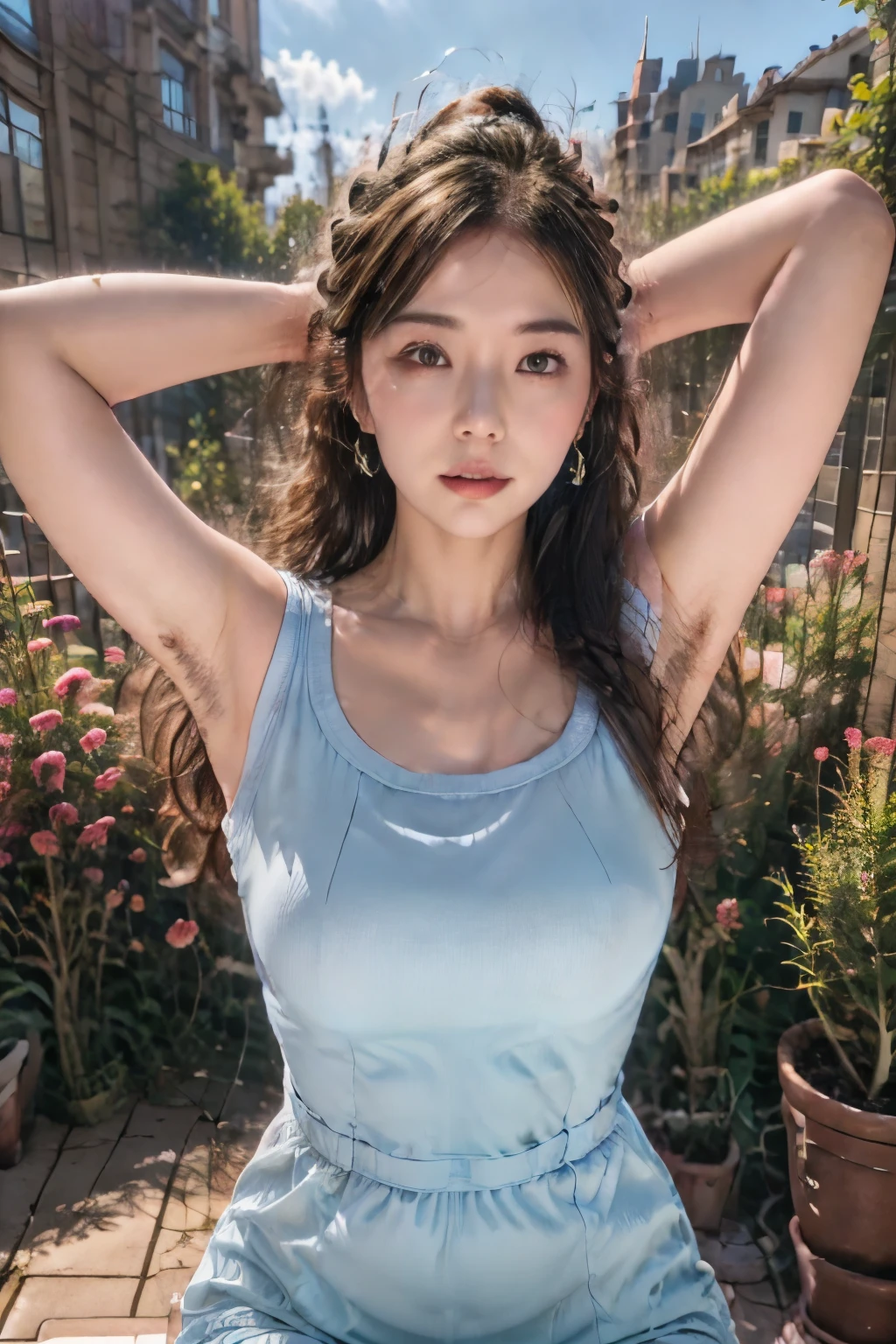 1girl,Hands Up,city,Buildings,blue sky,looking at viewer,photorealistic,realistic,solo,