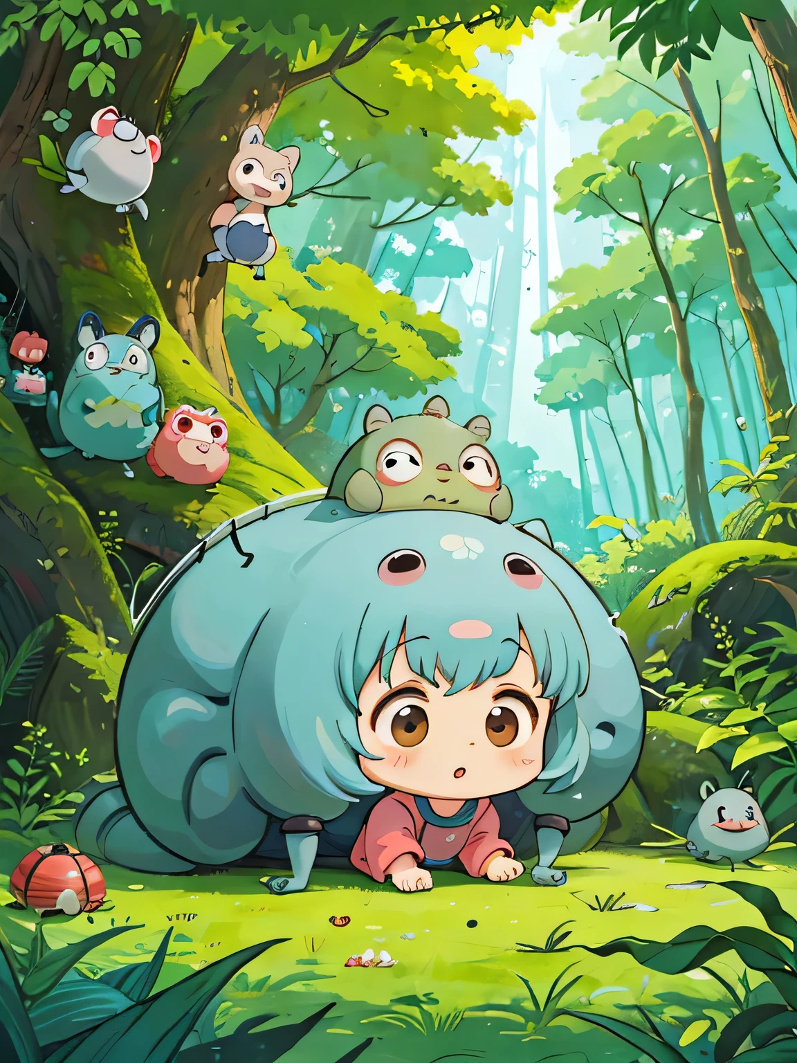 hayao miyazaki style, Kawaii Design, The most beautiful girl of all time、Chibi, Cute and colorful pillbugs、play together、Lots of pillbugs、Totoro Forest