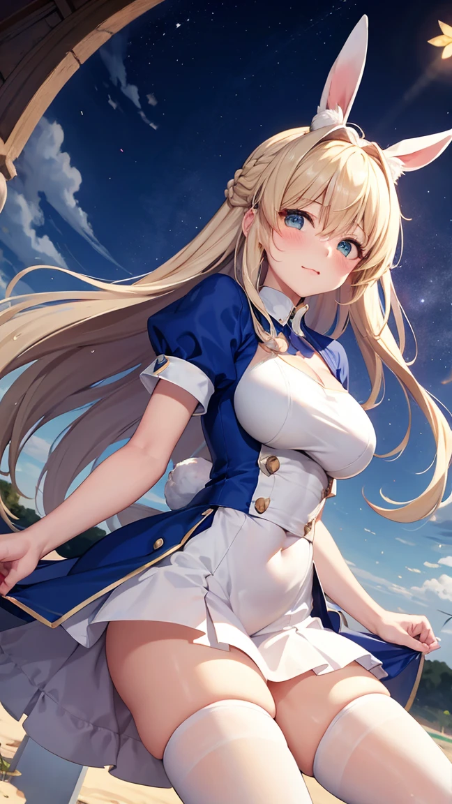 Rabbit Arturia&#39;s hairstyle, Costume Rabbit Artoria, One girl, Pectoral muscle, alone, Blonde Hair, Green Eyes, French Braidings, Long Hair, Big ample breasts, Cleavage, ponytail, Side Lock, Bans, belly button, Looking up at the viewer, Bare shoulders, Braiding, Hair between the eyes, ウサギのPause, tiara, Ahegao, Blushing huge saggy breasts:1.8, Huge chubby sexy :1.9, Huge Sexy , Sexy Legs:2.0, , Prohibited to wear, No clothes, White transparent tights, Hugging legs, Hug my feet, Hugging legs, squats and leg hugs,  Pause, Lying down , Lie down with your legs hugged, You are so sexy