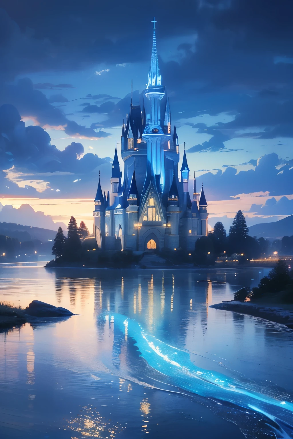 (magical pretty null blue stream overlay scene), (null), (cloud), Soft lighting, Clean background, beautiful null scenery, masterpiece, high quality, Beautiful graphics, High detail,By Thomas Kinkade, Art Station, Sharp focus, Inspiring 8k wallpapers, floating castle above the lake