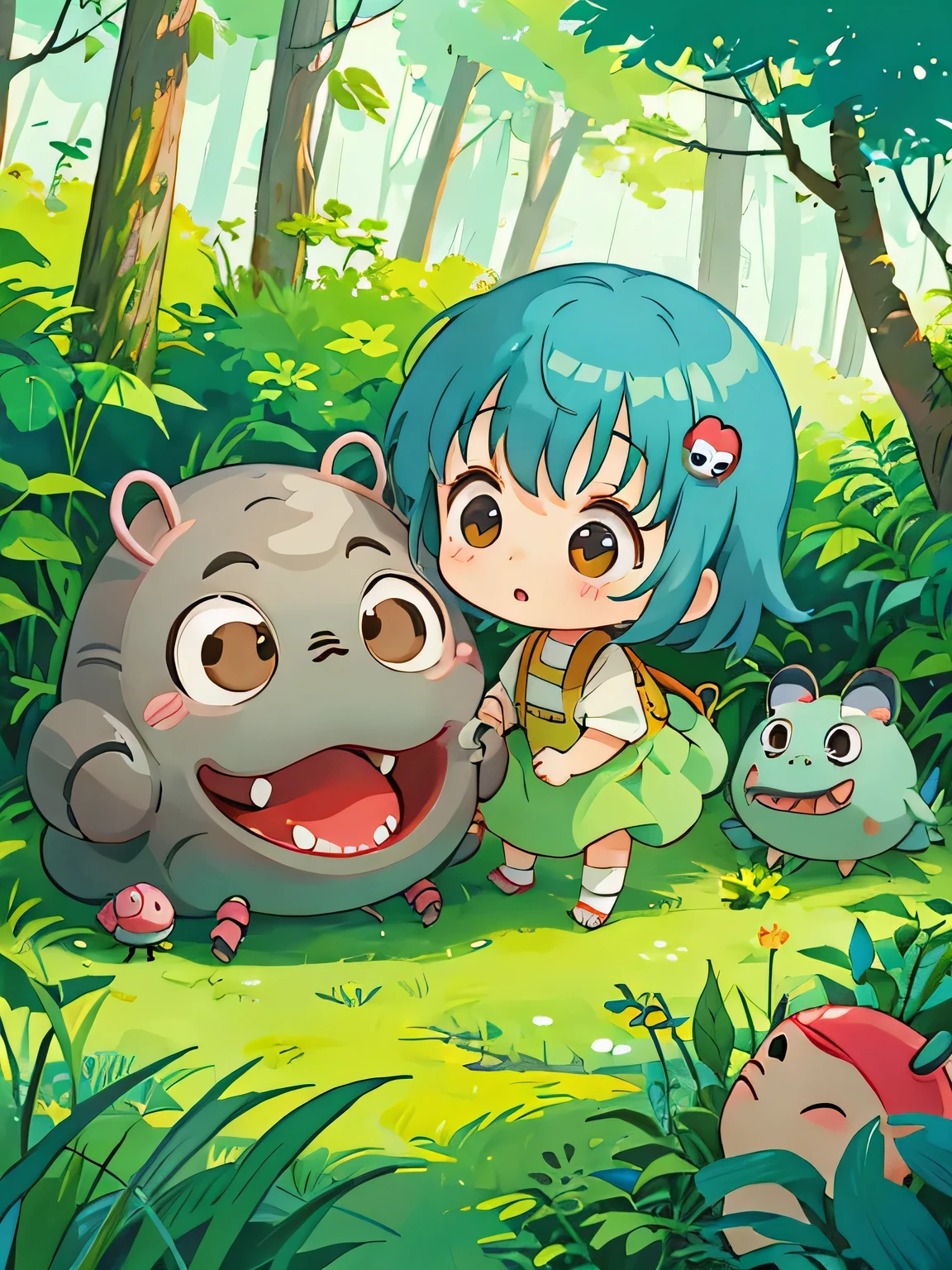 hayao miyazaki style, Kawaii Design, The most beautiful girl of all time、Chibi, Cute and colorful pillbugs、play together、Lots of pillbugs、Totoro Forest