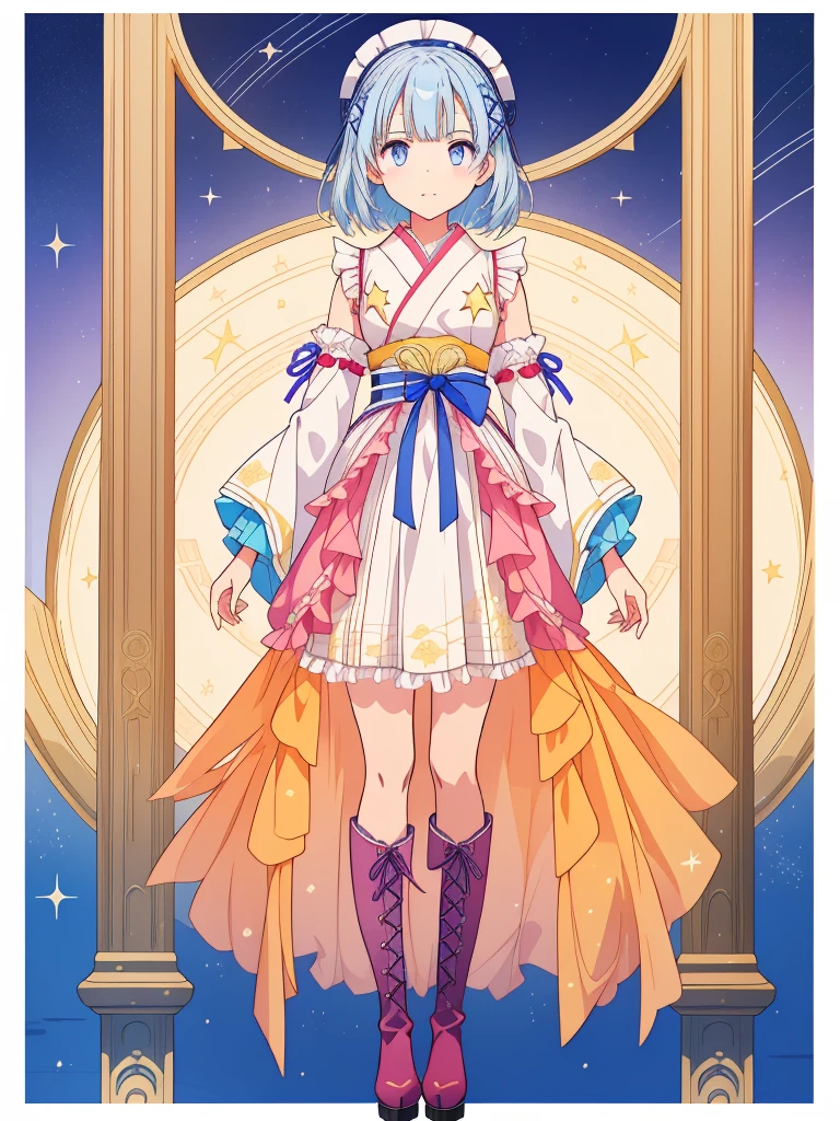 (((1girl)))、starの妖精、vtuber-fullbody、(((highest quality、Masterpiece、The best composition、Golden Ratio、Official Art、Super detailed、Super detailedな目)))、ultra detailed, from front, headshot、 blue and white hair color、Short bangs above eyebrows、Short Hair、Standing in front of the viewer、着物とゴスロリをリメイクしたMilky Way柄の洋服で濃紺と水色を基調にした色、The sleeves are long and the hands are hidden、Knee-high boots、Pure white simple background、star、Milky Way、universe、流star群、frills, japanese clothes,