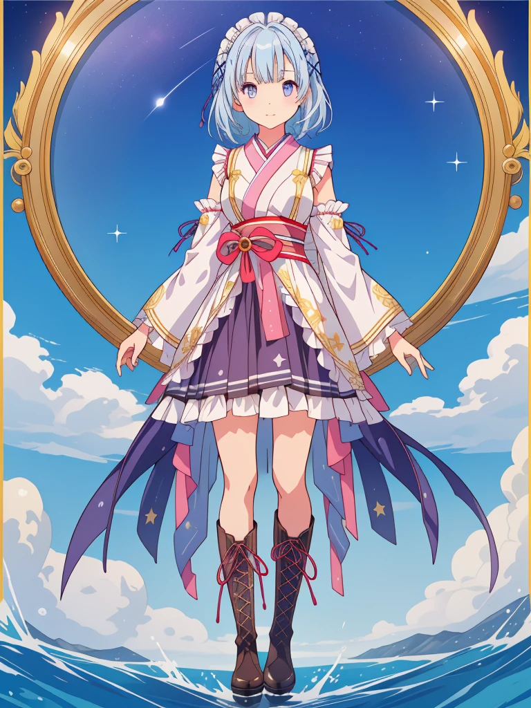 (((1girl)))、starの妖精、vtuber-fullbody、(((highest quality、Masterpiece、The best composition、Golden Ratio、Official Art、Super detailed、Super detailedな目)))、ultra detailed, from front, headshot、 blue and white hair color、Short bangs above eyebrows、Short Hair、Standing in front of the viewer、着物とゴス**をリメイクしたMilky Way柄の洋服で濃紺と水色を基調にした色、The sleeves are long and the hands are hidden、Knee-high boots、Pure white simple background、star、Milky Way、universe、流star群、frills, japanese clothes,