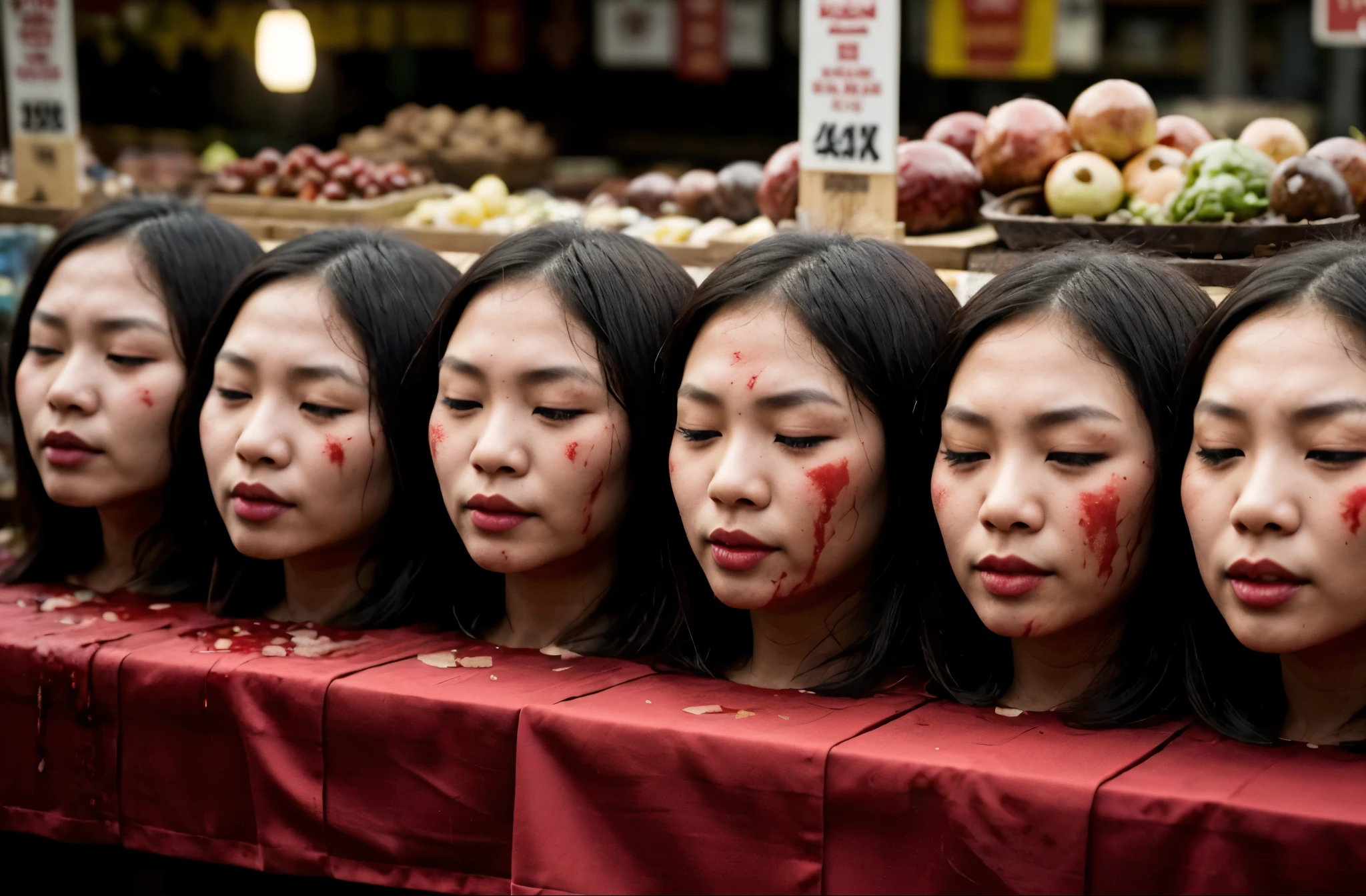 Several decapitated heads of girls, on a table, in a public market, full of blood, ((eyes closed)), bleeding, photorealistic, 4K, Nikon, horror, public market