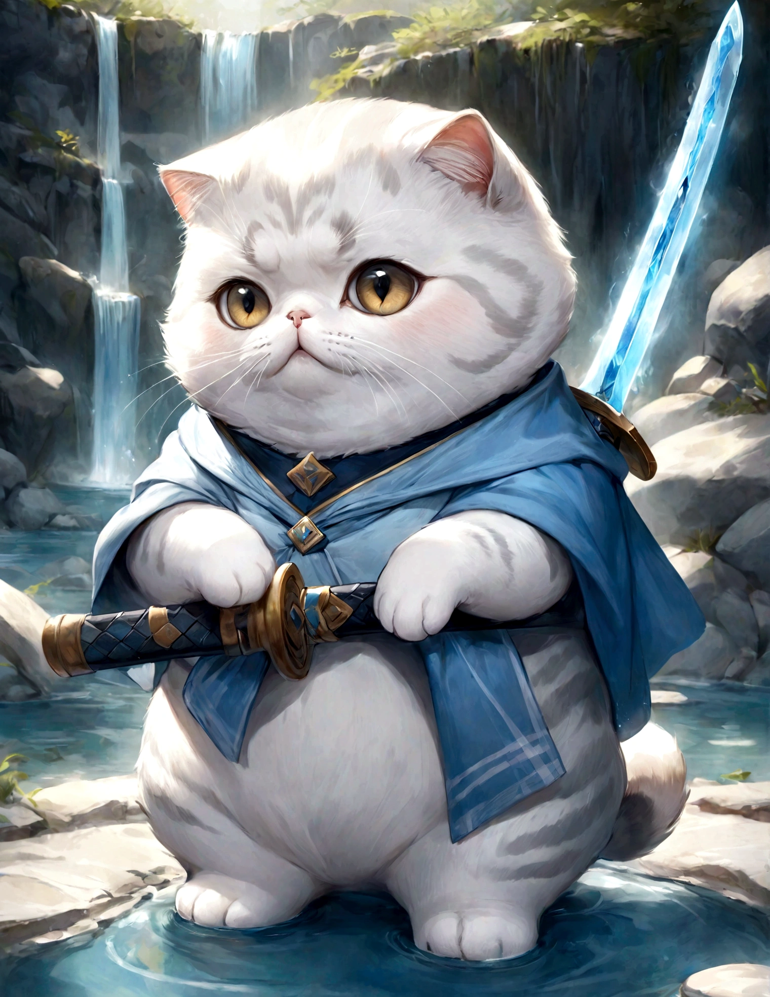 cute adorable Scottish fold lightblue fat cat holding sword, at hot spring, write word "UNC" on forehead, adorable digital painting, realistic fantasy art, beautiful digital art