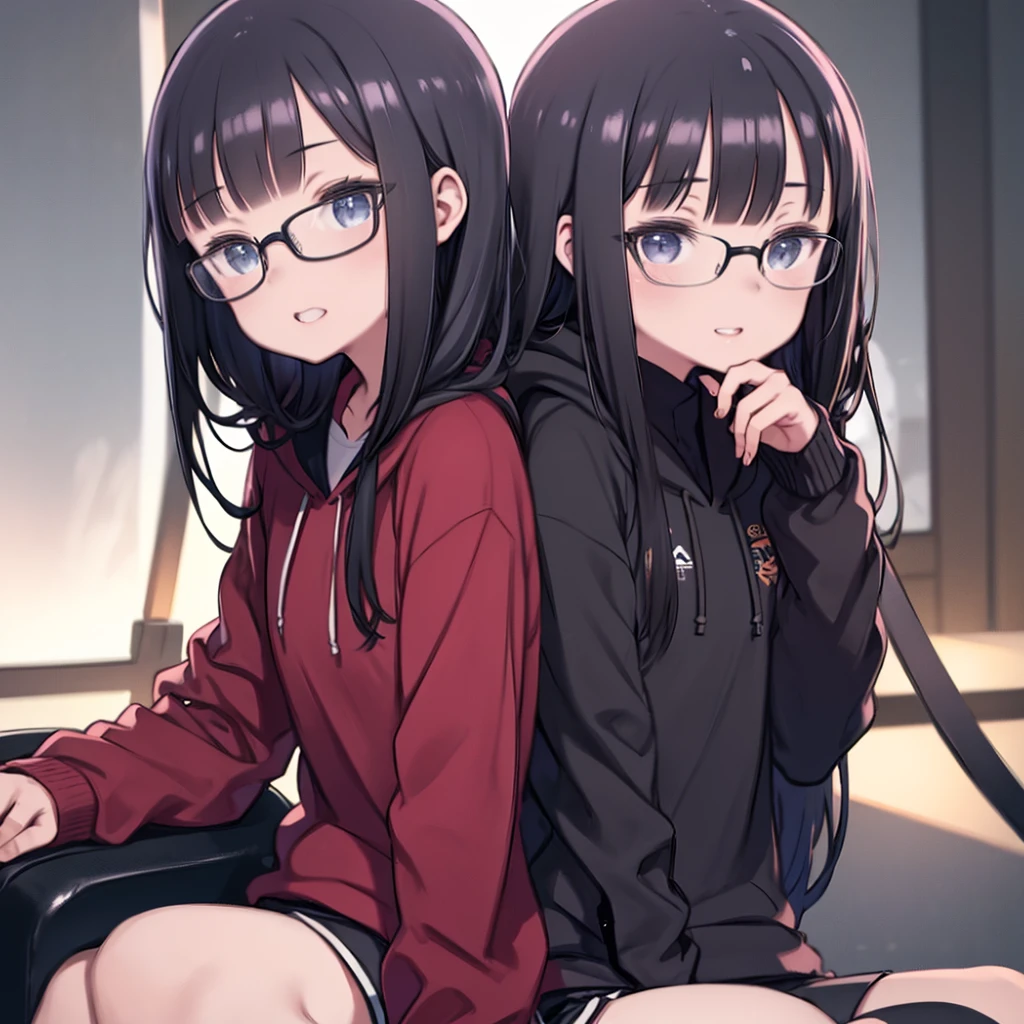 One Girl、Straight bangs、Long Hair、Bluish black hair、Black-rimmed glasses、Red hoodie、camp site、Sitting in a camp chair、With black cat、Black Stockings、White shorts、laughing、Watching the audience、