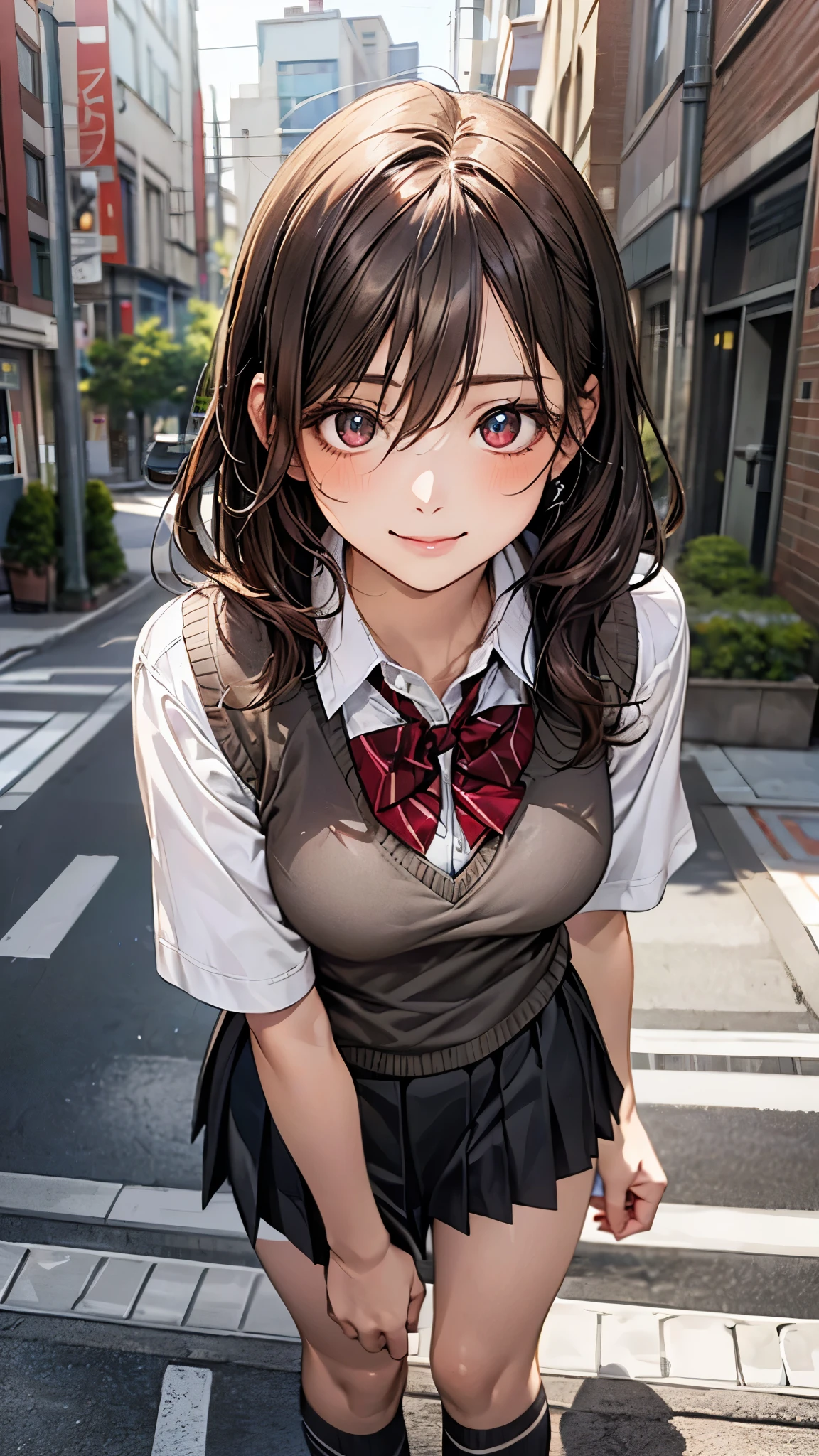 (masterpiece:1.2, top-quality), (realistic, photorealistic:1.4), beautiful illustration, (natural side lighting, movie lighting), nsfw,
looking at viewer, (face focus, upper body), 1 girl, japanese, high school girl, perfect face, cute and symmetrical face, shiny skin,
(middle hair:1.5, (one side up), sandy beige hair), swept bangs, dark red eyes, big eyes, drooping eyes, long eye lasher, (medium breasts), slender, dark red hair ribbon,
beautiful hair, beautiful face, beautiful detailed eyes, beautiful clavicle, beautiful body, beautiful chest, beautiful thigh, beautiful legs, beautiful fingers,
((white collared shirts, grey pleated mini skirt), dark red bow tie), dark red hair ribbon, grey school bug,
(beautiful scenery), morning, (street:1.2), walking, (lovely smile, open mouth small),