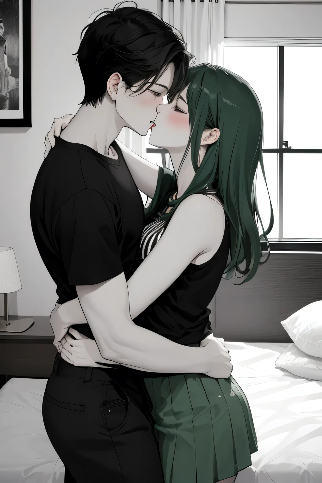 Amazing portrait of a sexy and  woman  wearing a black and white striped t shirt and a dark green skirt kissing and making out passionately with a shirtless boy on the bed in an intimate setting