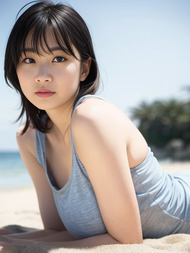 Japanese female 1 person, Middle-aged women: 0.1, Realistic, Exquisite face, alone, Large Breasts, Tight grey tank top. Beach, (White skin: 1.8, ), The look of temptation, Warm lighting: Sunny day, (RAW Photos:1.2), (Realistic), Full body shot,