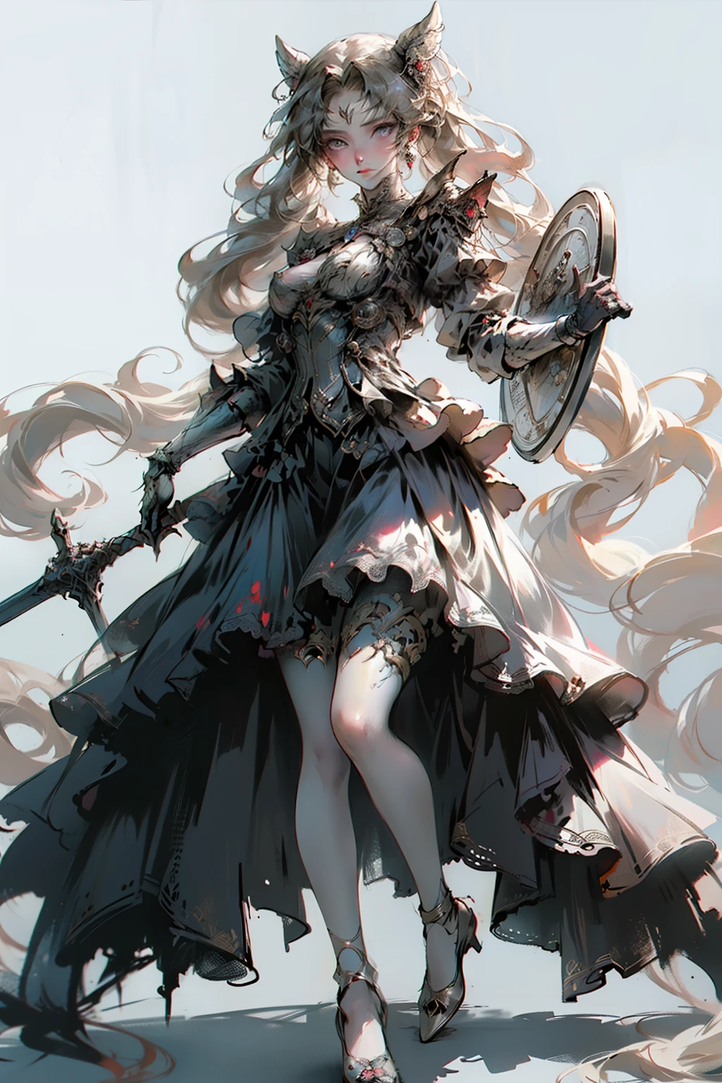 ((best quality)), ((masterpiece)), (detailed), blank white background, plain background, white background, Bloodborne inspired, occult aesthetic, occult, detailed and intricate steampunk and detailed gothic, NSFW, Very dramatic and cinematic lighting, cosmic horror, grim-dark, side-lighting, perfect face, a beaituful goddess valkyrie adorned and enshrined in armour, Bloodborne inspired valkyrie, occult aesthetic valkyrie, occult valkyrie, detailed and intricate steampunk and detailed gothic valkyrie, wielding a sword and holding a shield, NSFW, Fluttering lace flared long knee length dress with frilly petticoats, knee length dress, pleated petticoats, lolita dress, petticoats gothic lolita, side-lighting, gothic lolita aesthetic, beautiful small breasts, small breasts, full body, whole body, body, plain background, white background, blank background, no background, white background NSFW, full body, whole body, head-to-toe