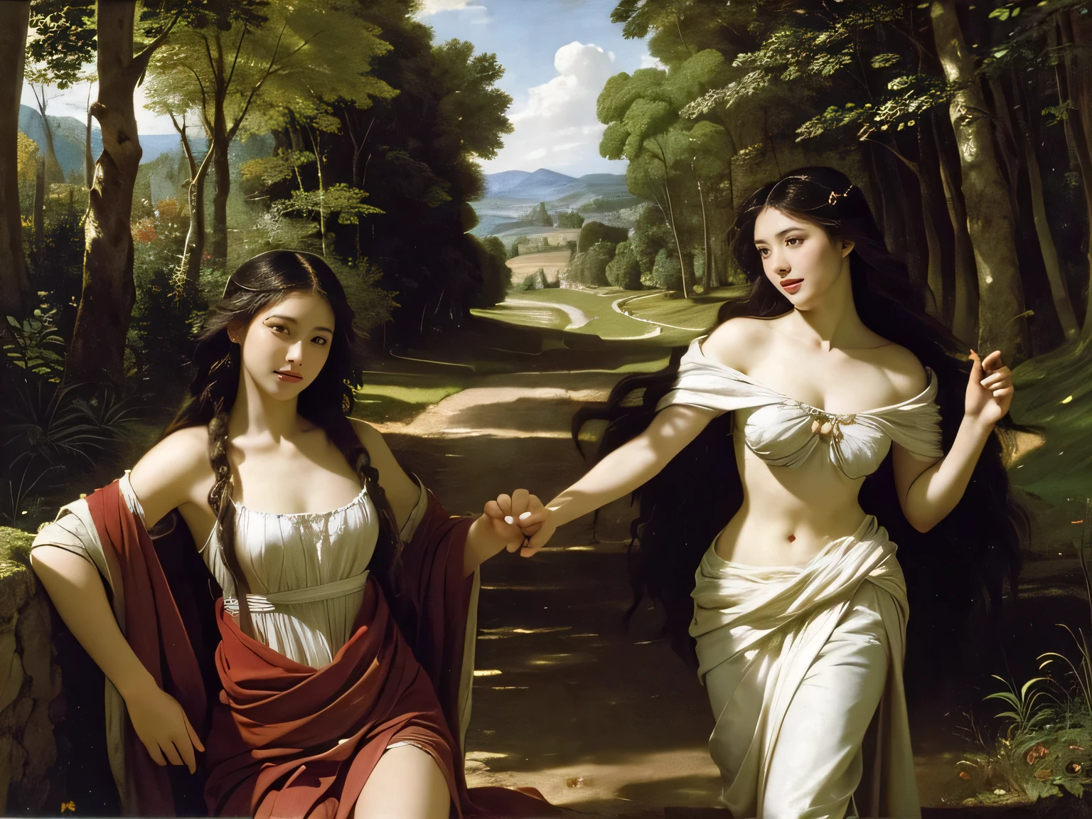 Giorgione painting style,Barbizon forest A beautiful woman in Greek dress smiles on the shore,Sweet and seductive appearance.、Caravaggio's paintings、Chiaroscuro of Caravaggio、hair tousled by the wind,Two women frolicking,cute smile, expression of ecstasy,Sexy,erotic, full body portrait