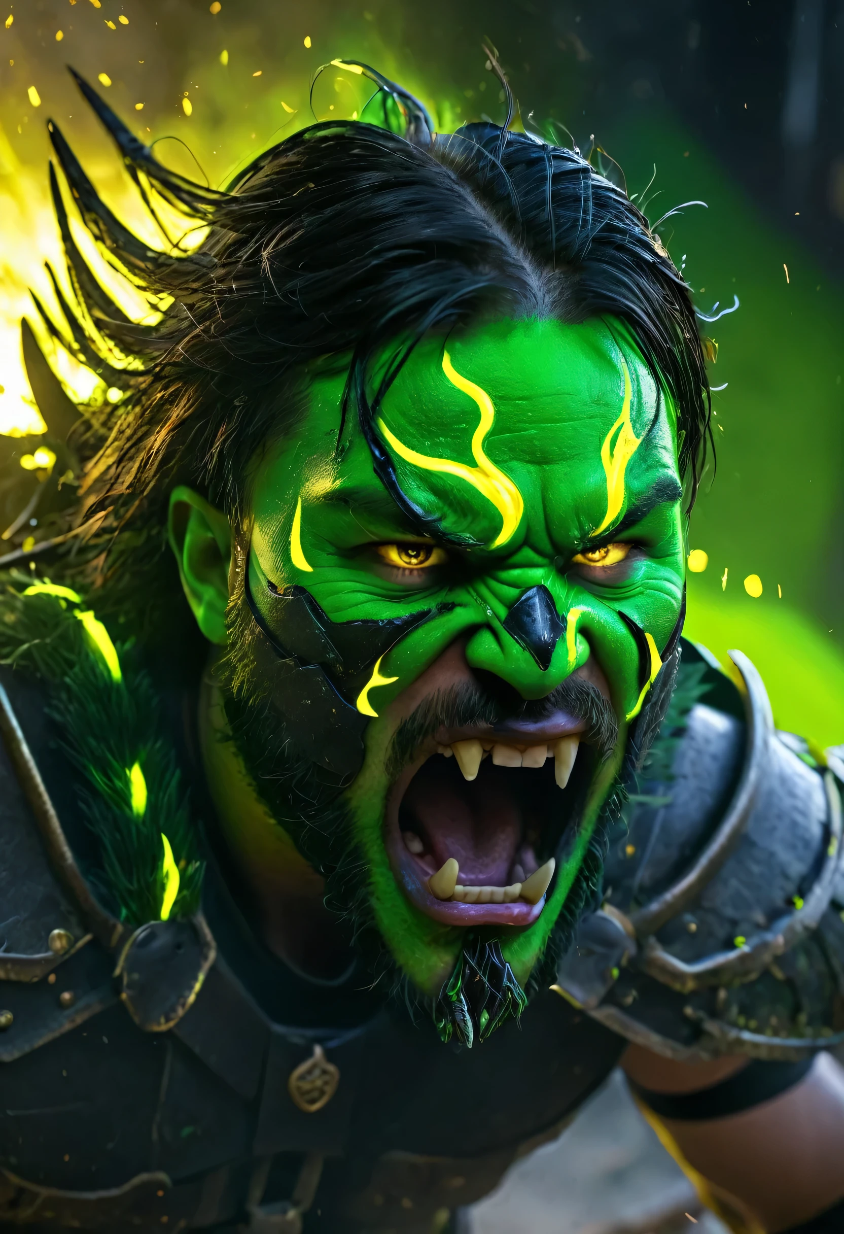 Gladiator, perfect detailed, half face_mask, yellow_green flames_surrounding, fierce expression, wrath face, red_fang, hyper salivation, dodging, swing ax, massive debris, close up, neon light, UHD, hyper realism, unreal engine, epic Realism