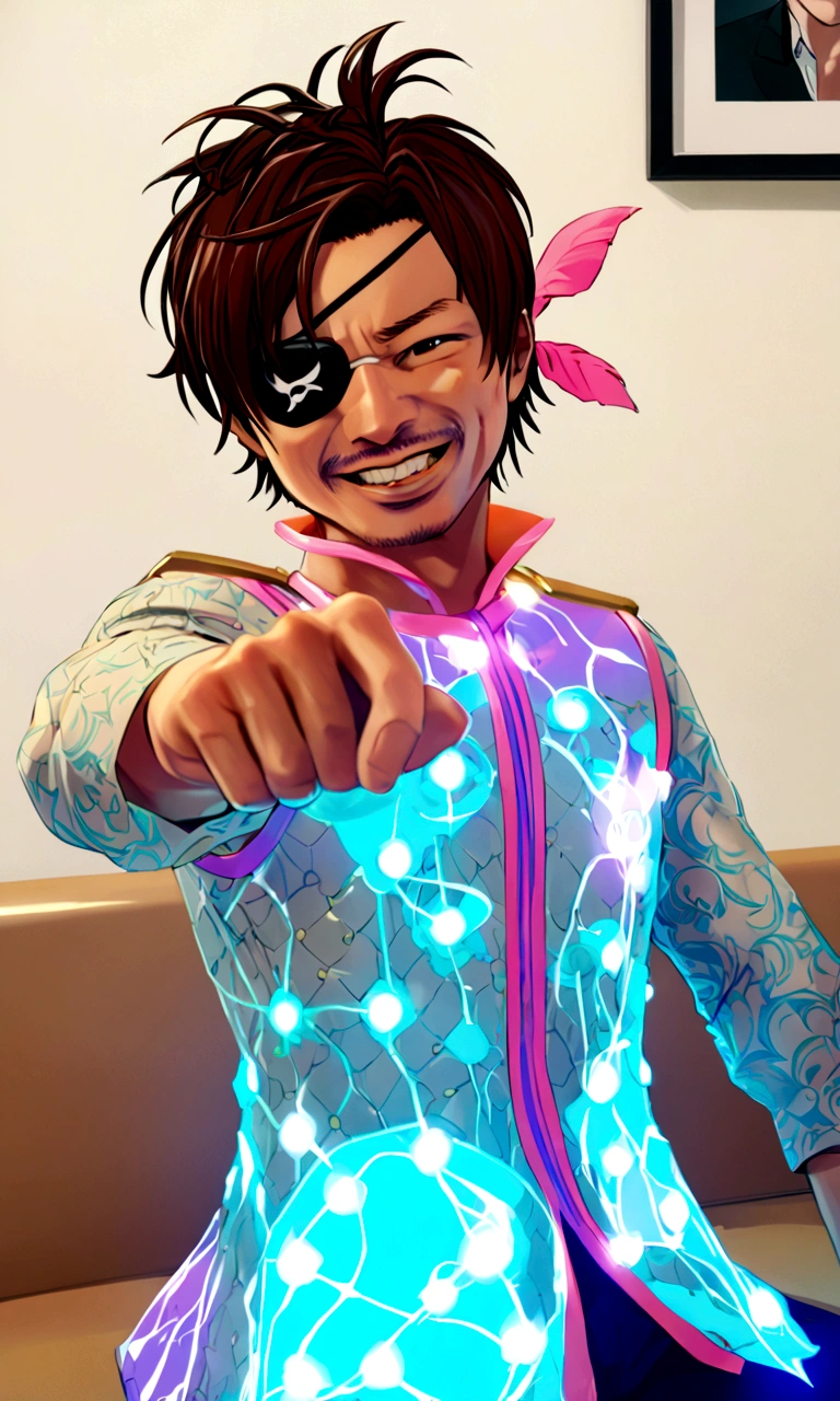 male, smile, maleアイドル, majimaDEF, eyepatch, to point at