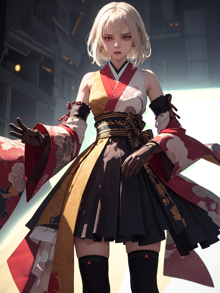 (masterpiece, highest quality, Intricate details, Ultra-detailed, Very detailed), SF, future, cyber punk, One girl, alone, Cowboy Shot, Two-tone hair, Gloves, short hair, Frills, kimono, Wide sleeves, kimono, White knee socks, zettai ryouiki, Space print, skirt, Removable sleeves,,adjusting Glovess,
