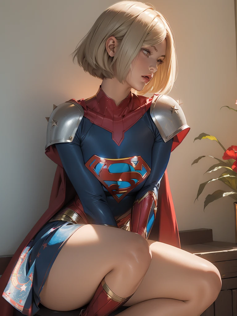 (((woman))), (((best quality))), (((masterpiece))), (((adult))), (((1girl))), (((bob haircut) )), A 25 year old female cyvernetic supergirl with perfect body, shoulder pads with metal spines, ((bob haircut)), tiny leather panties, supergirl top almost naked in wild urban style by Simon Bisley for the cover of Heavy Metal magazine, Short blonde hair, Minimum clothing, Metal protection on the left arm with intricate supergirl graphics, Dark red with white stars and striped zigzag pattern, navy blue and white, armor ( ((from the knee up))), short white blonde hair, in the background a wall painted by Shepard Fairey with an intricate design