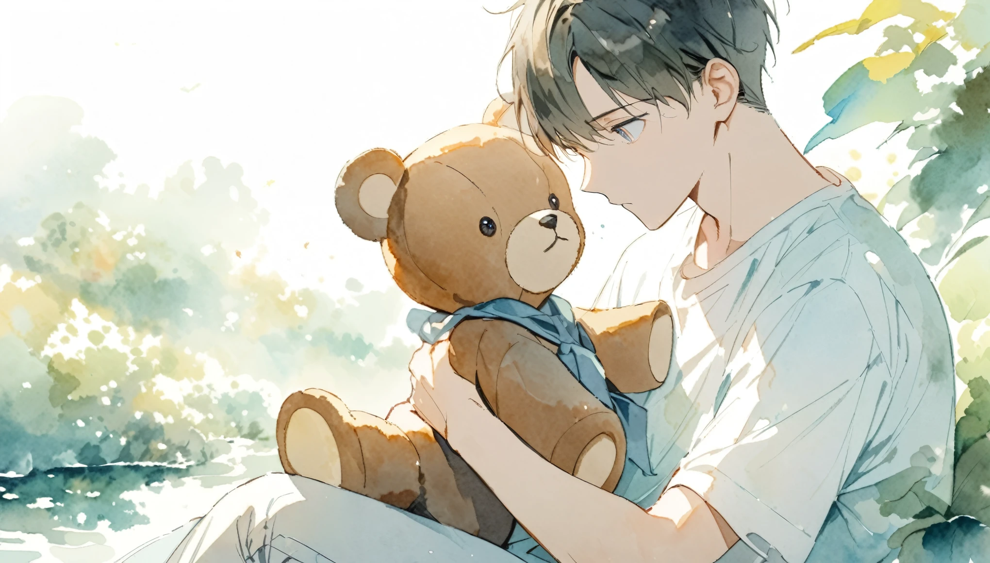 Watercolor painting, pale colors, boy in white shirt with teddy bear.
