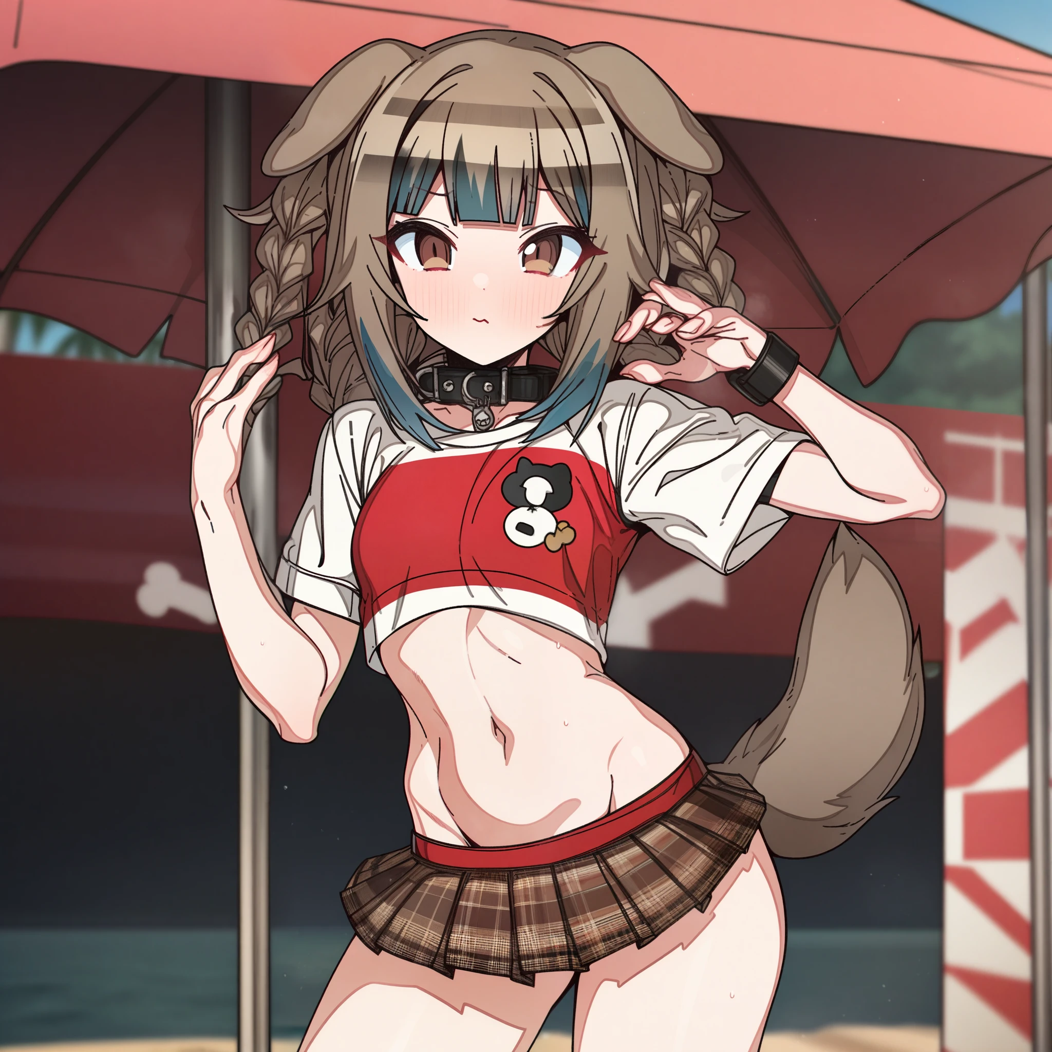 gawr_gura with brown hair and brown eyes, Artist, erere, Copyrights, idolmaster, idolmaster_shiny_colors, Character, General, 1girl, brown_hair, blunt_bangs, blush, medium_breasts, breasts, detailed eyelashes, beatiful girl:1, brown_eyes, censored, crop_top, skirt, navel, dog_tail, animal_collar, twin_braids, dog_ears, bone_hair_ornament, contrapposto, :|, (full_body) (standing in middle, beach_umbrella), sky:0.7, detailed, sand, outdoors, from_side, looking_at_viewer, masterpiece, best_quality, great_quality, girl, solo, center_composition, centered character, cute
