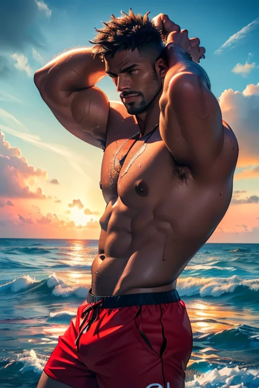 a muscular male swim coach with dark skin, wearing red swim trunks, on a beach, (best quality,4k,8k,highres,masterpiece:1.2),ultra-detailed,(realistic,photorealistic,photo-realistic:1.37),hyper detailed face, extremely detailed muscles, dramatic lighting, cinematic composition,cinematic lighting,ocean background,dramatic sky,dynamic pose