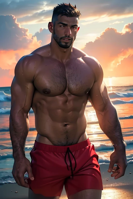 a muscular male swim coach with dark skin, wearing red swim trunks, on a beach, (best quality,4k,8k,highres,masterpiece:1.2),ultra-detailed,(realistic,photorealistic,photo-realistic:1.37),hyper detailed face, extremely detailed muscles, dramatic lighting, cinematic composition,cinematic lighting,ocean background,dramatic sky,dynamic pose