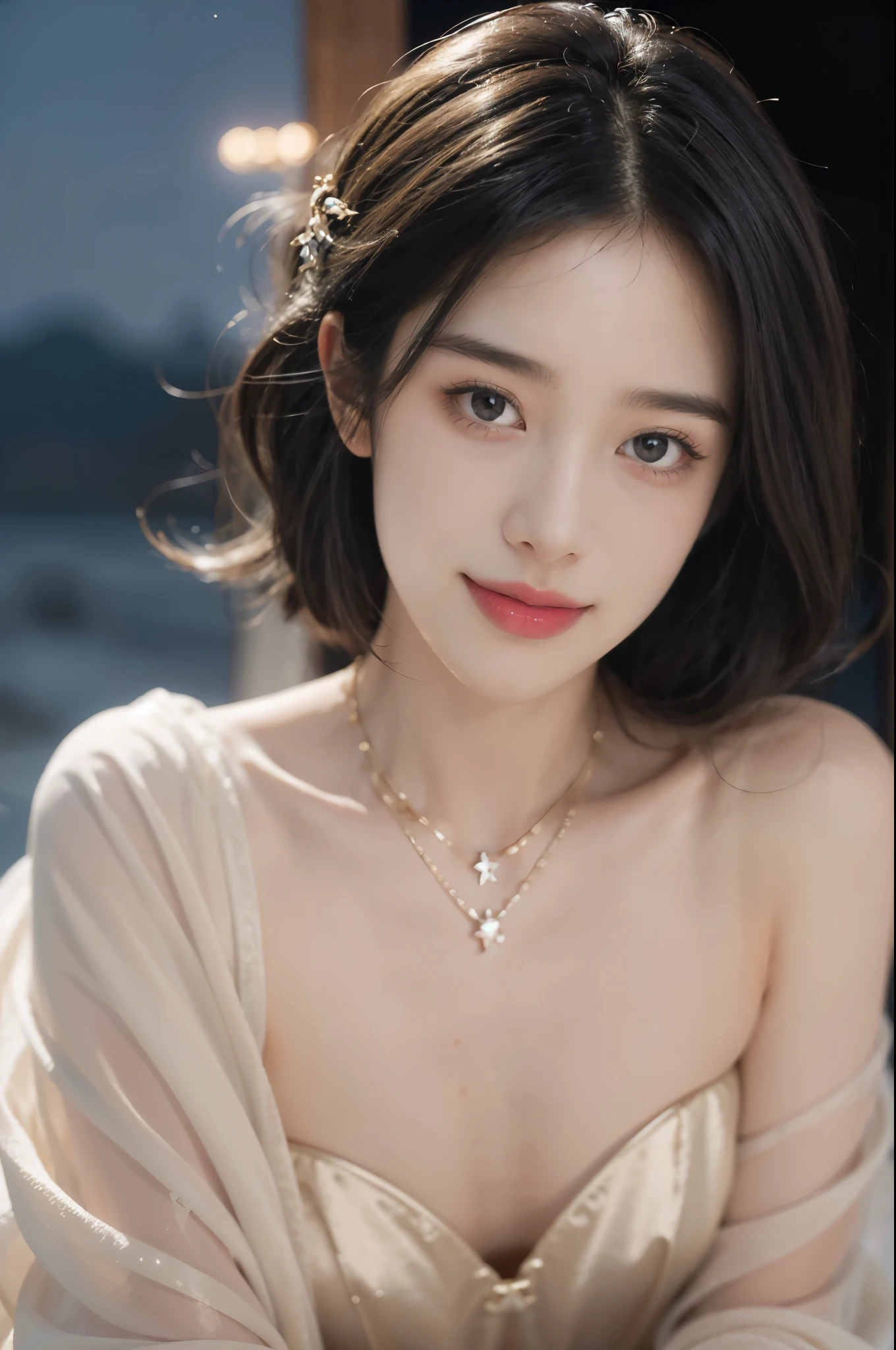 a beautiful girl,strapless gorgeous bra,sitting,on the moon,detailed background of the moon,Moon Goddess,Beautiful Celestial Mage,Goodness of Heaven, Celestial Fairy,very Beautiful fantasy art,8k high quality detailed art,medium straight bob hair,crystal necklace,slim,thin,flat chest,small breasts,best quality,masterpiece,starry sky,night scene,(close-up of face:1.3）,laughing,realistic