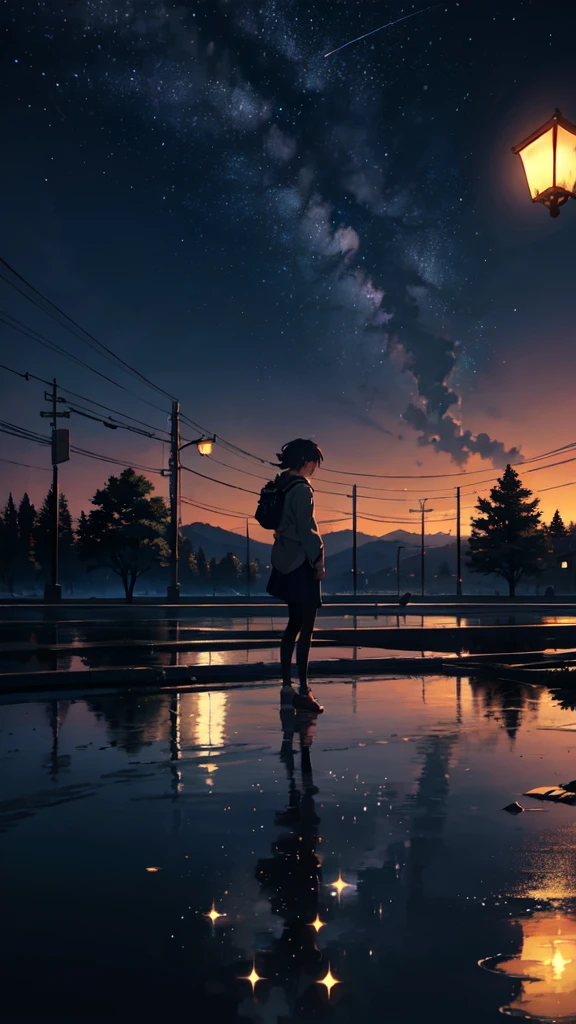 High quality masterpiece, landscape, anime train passing through bodies of water on tracks, bright starry sky. Romantic train, pixiv, concept art, lofi art style, reflection. by Makoto Shinkai, lofi art, Beautiful anime scene, Anime landscape, detailed scenery —width 672, in style of Makoto shinkai, style of Makoto shinkai, enhanced details.