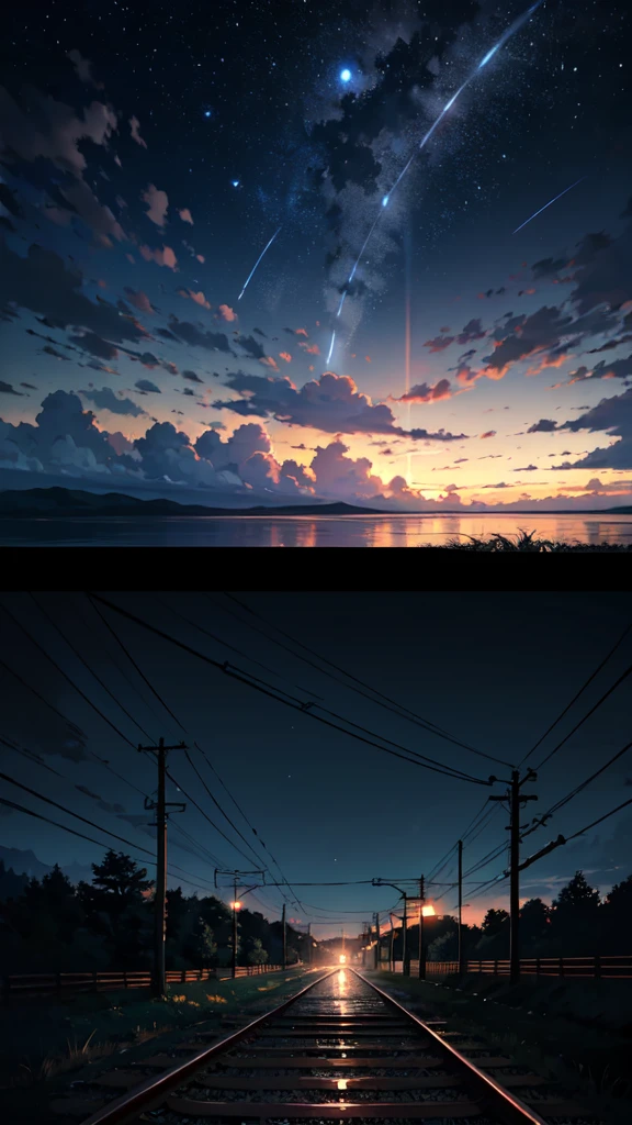 High quality masterpiece, landscape, anime train passing through bodies of water on tracks, bright starry sky. Romantic train, pixiv, concept art, lofi art style, reflection. by Makoto Shinkai, lofi art, Beautiful anime scene, Anime landscape, detailed scenery —width 672, in style of Makoto shinkai, style of Makoto shinkai, enhanced details.