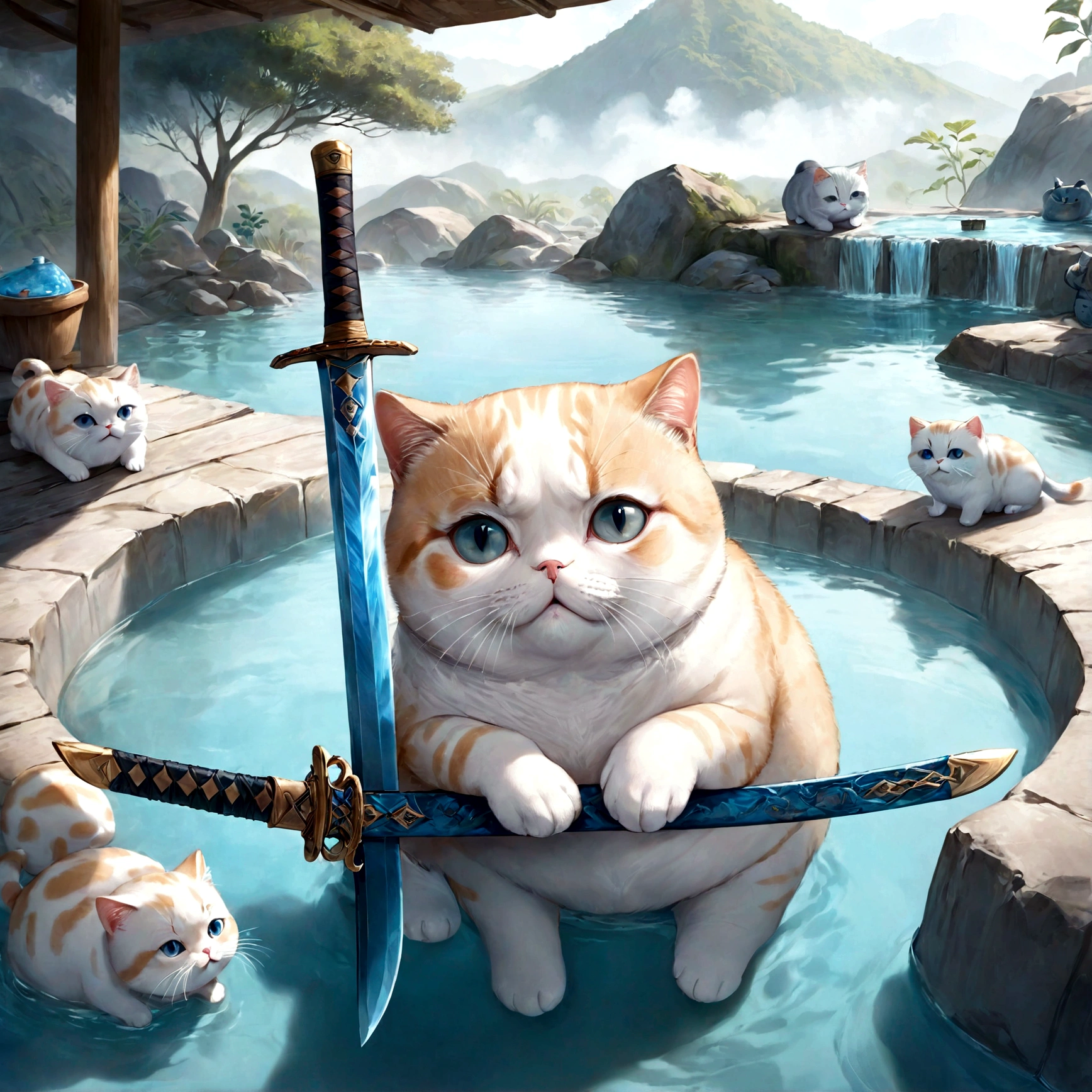 cute adorable Scottish fold lightblue fat cat holding three sword, at hot spring, write word "UNC" on forehead, adorable digital painting, realistic fantasy art, beautiful digital art