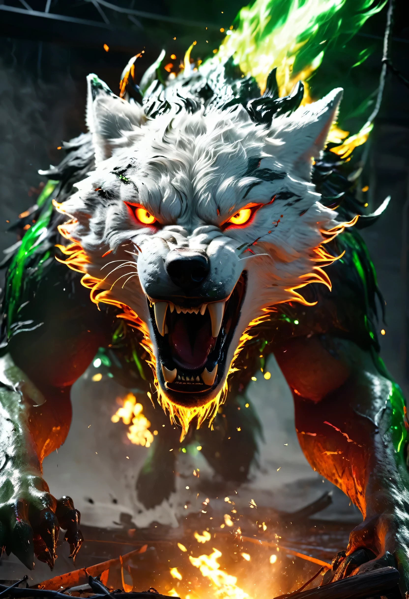 fire white_giant_wolf, perfect detailed, red_orange_yellow_green flames, fierce expression, wrath face, dodging, swing claws, massive debris, neon light, UHD, hyper realism, unreal engine, epic Realism