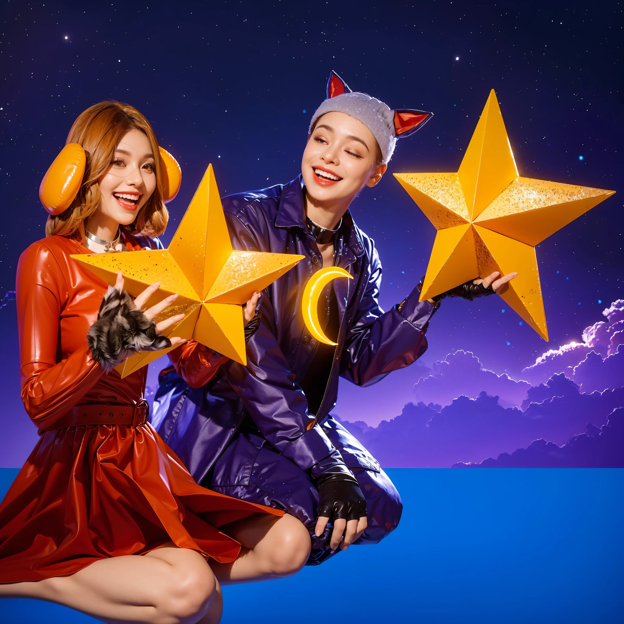 A 3D, glossy scene featuring two characters in vibrant costumes, one in a shiny purple outfit with cat ears and the other in an orange outfit with dog ears. Both are holding large, shiny, glowing stars in their hands. The lighting is realistic, soft, and non-contrasting, creating a slightly blurred effect. The overall atmosphere is smooth and polished, with the glossy texture of the costumes and the bright, shiny stars reflecting light beautifully, giving the scene a lifelike and magical appearance. cartoon key frame rendering, cute 3D rendering,,Create ultra sharp цветной рендеринг zbrush. perfect cgi, cgi art created only with gradients, smooth silhouette, Create ultra sharp skin, high intensity refraction, (plastic material), most beautiful vfx, blue background, plastic refractions, glossy texture, smooth 3d model, multiple light sources, rim light, sharp post effects render, (glossy plastic texture with multiple big light probe refractions), perfect cgi, cgi art created only with gradients, smooth silhouette, high intensity refraction, (plastic material), most beautiful vfx, blue background