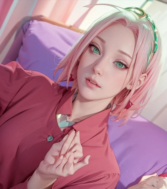 young woman, pale skin, short bubblegum pink hair, wide forehead, emerald green eyes, buttoned nose, peach lips, heart-shaped face, slender, red clothes, Sakura Haruno, 3d, realism, angelic face, maya in net
