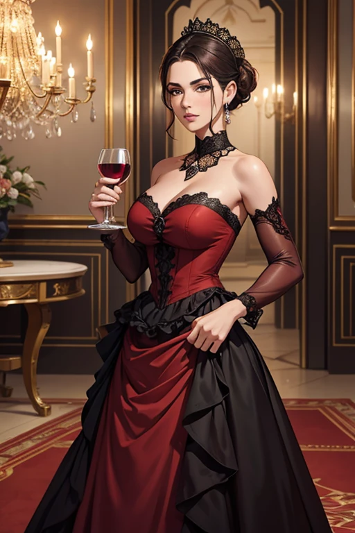 1 garota, longos cabelos ruivos, olhos vermelhos, thin lips, rosto redondo, seios enormes cobertos, quadris largos, wearing clothes of the Victorian aristocracy,um vestido vermelho de gala,uma duquesa, arrogant and ironic look, standing holding a glass of wine, olhando para o espectador , palace gala hall scenery,SFW