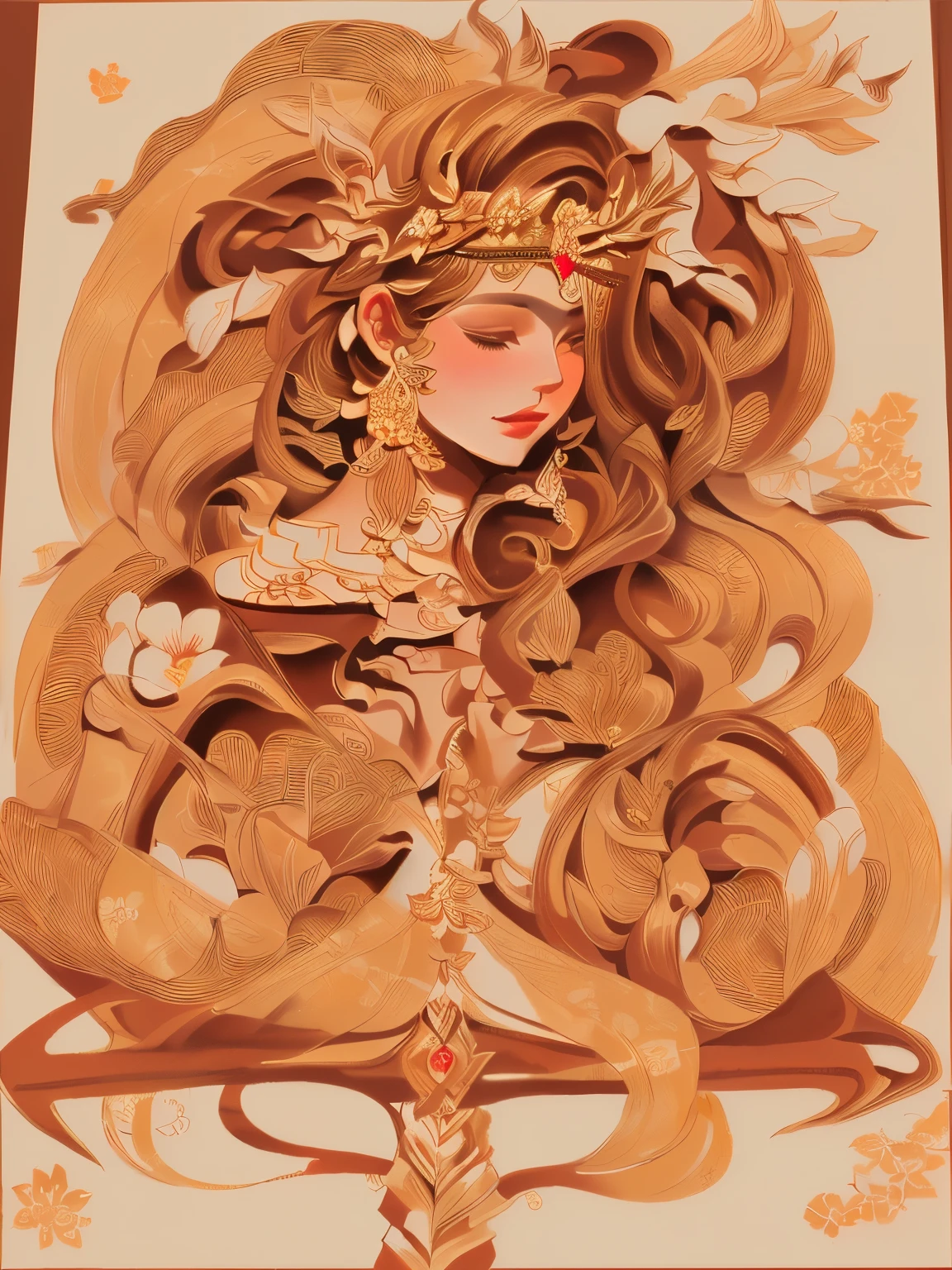 A detailed illustration of a graceful woman with long flowing hair adorned with intricate leaves and feathers. She wears elaborate earrings and a headpiece that resembles a crown made of natural elements. The background features swirling patterns and floral designs, creating a harmonious and elegant composition. The artwork is rendered in shades of brown and red, giving it a warm and classic feel.