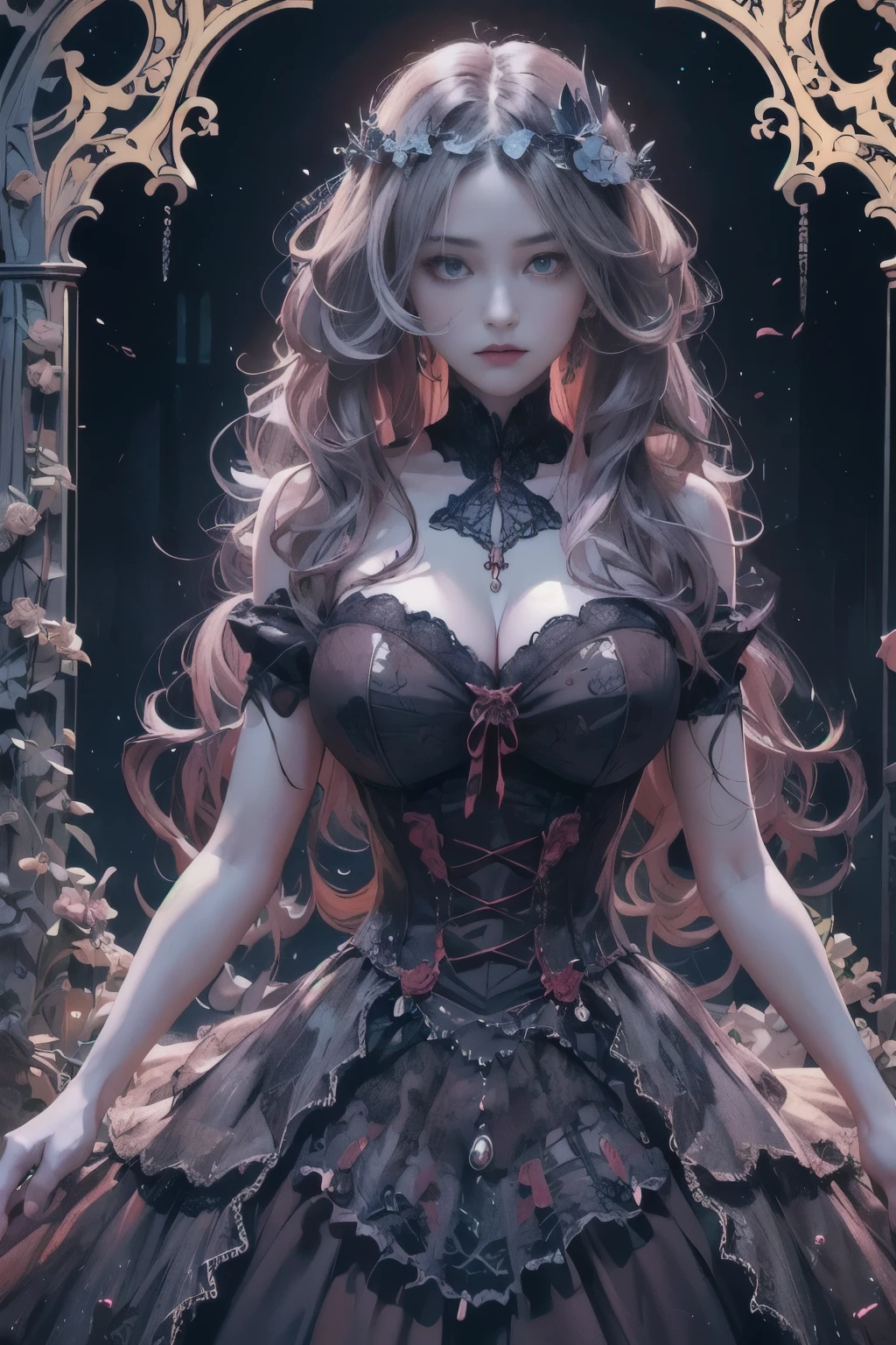 Official Art, Unity 8k wallpaper, super detailed, beautiful, beautiful, masterpiece, best quality, darkness, atmosphere, mystery, romanticism, creepy, literature, art, fashion, victorian, decoration, intricacies, ironwork, lace, contemplation, emotional depth, supernatural, 1 girl, solo, neck, bust composition, huge firm bouncing bust